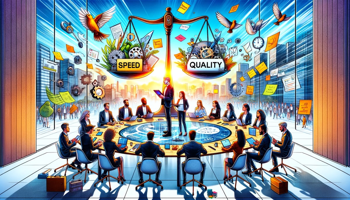 A vibrant and dynamic illustration showing a diverse group of professionals around a flexible, transformable work table filled with project plans, dig